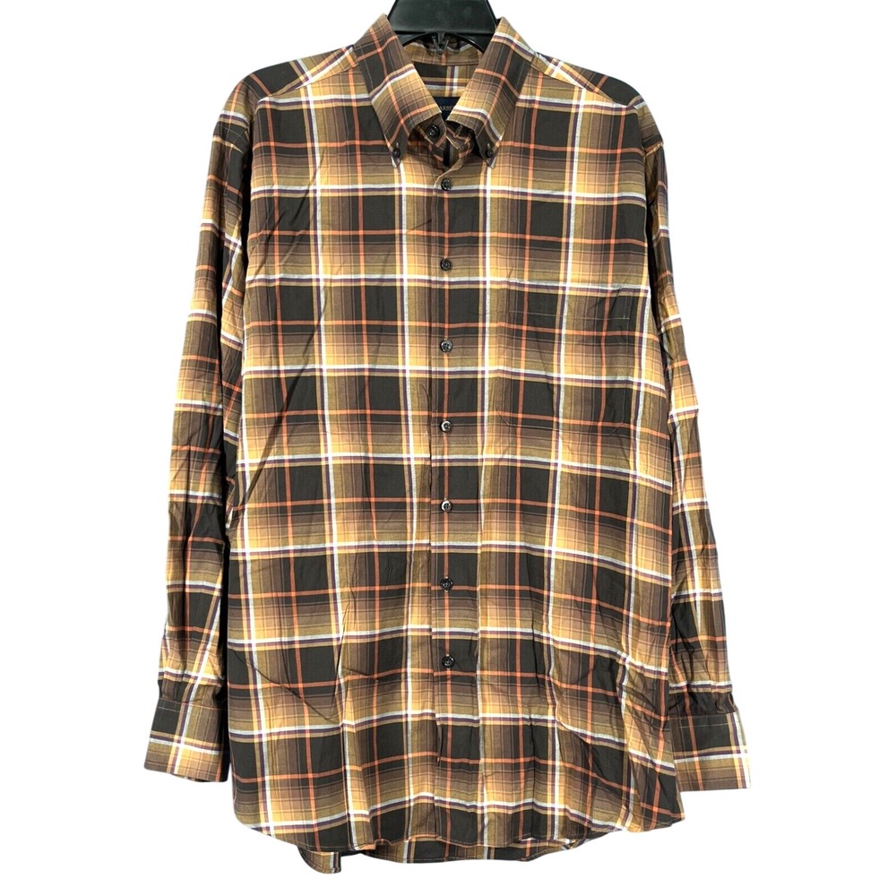 SCOTT BARBER Men's BROWN/ORANGE Plaid TWILL 1-Pocket CASUAL Button-Up SHIRT Sz L